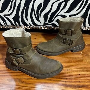 Bakers Olive Green Leather Moto Boots Buckle Detail Faux Fur Lined Made in Italy